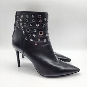 Nine West Grommet Stiletto Boots Size 8.5 Pointed Toe Leather Black Zip Up Moto